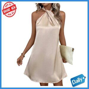 Pearl Beaded Halter Tie Back A-Line Dress Non-Stretch Fabric